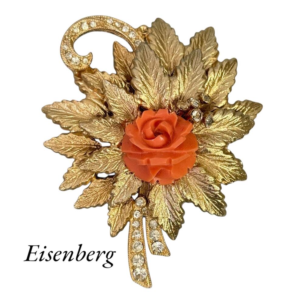 Eisenberg Coral Rose Brooch Pin Vintage Gold Tone Signed Sparkling Rhinestone